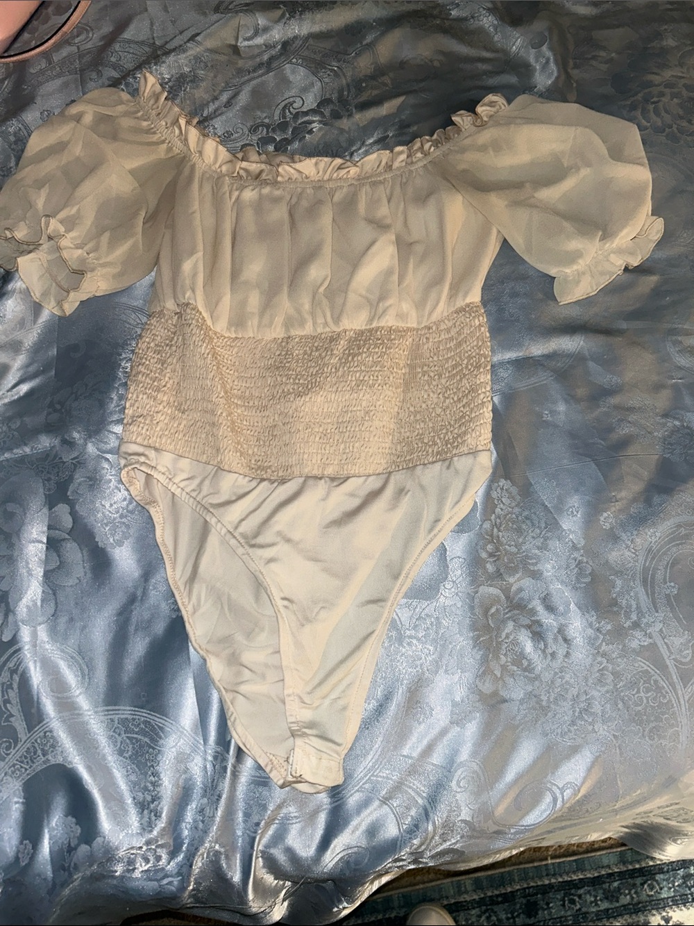 Cream Off-Shoulder Puff Sleeve smocked women’s bodysuit